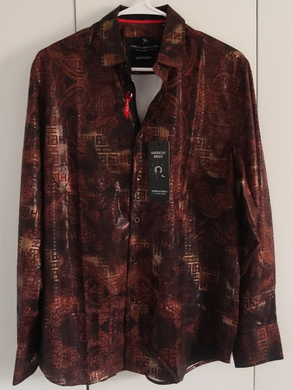 American Breed geometric print gold brown shirt, size M, Medium
